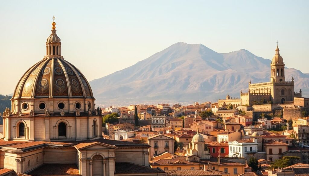 A picturesque scene of iconic Sicilian landmarks against a warm, Mediterranean backdrop. In the foreground, the iconic domed cathedral of Monreale, its intricate mosaics glinting in the soft, golden light. In the middle ground, the towering, Norman-style architecture of Cefalù, its historic walls and winding streets inviting exploration. Further in the distance, the dramatic, sun-drenched slopes of Mount Etna, Europe's most active volcano, looming large over the rugged, coastal landscape. The scene exudes a sense of timeless beauty and cultural richness, capturing the essence of Sicily's enchanting Mediterranean charm.