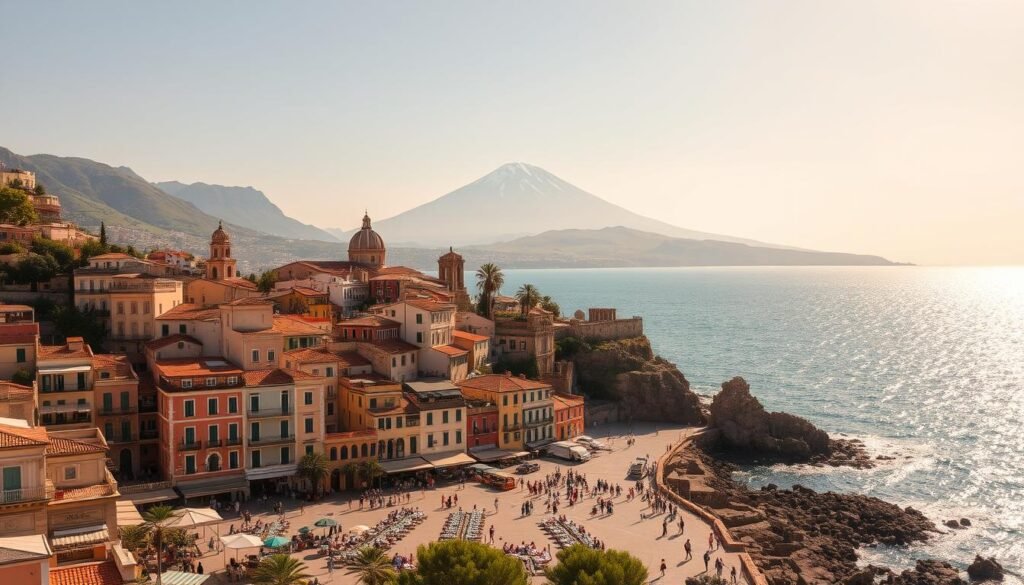 A picturesque seaside town nestled along the Sicilian coastline, its colorful buildings cascading down the hillside towards a sparkling azure sea. In the foreground, a bustling piazza filled with locals and tourists mingling amidst quaint cafes and artisanal shops. In the middle ground, historic landmarks such as a Norman cathedral and an ancient Greek temple stand as reminders of Sicily's rich cultural heritage. The background is dominated by rolling green hills and the majestic silhouette of Mount Etna, its snow-capped peak piercing the horizon. The scene is bathed in warm, golden sunlight, conveying a sense of timeless Mediterranean charm and inviting the viewer to explore this enchanting island destination.