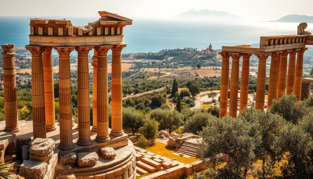 Majestic ancient ruins of Sicily, bathed in warm, golden sunlight, stand as silent sentinels of a bygone era. In the foreground, weathered columns and crumbling archways of a Doric temple rise majestically, their intricate details casting long shadows across the time-worn stones. In the middle ground, a rolling landscape of olive groves and citrus orchards frames the scene, their verdant hues contrasting with the ochre tones of the ruins. Beyond, the azure waters of the Mediterranean Sea shimmer, the horizon dotted with the iconic silhouettes of Mount Etna and other volcanic peaks. An air of timeless serenity and historical grandeur pervades the scene, inviting the viewer to step back in time and imagine the vibrant civilizations that once thrived in this enchanting corner of the Mediterranean.